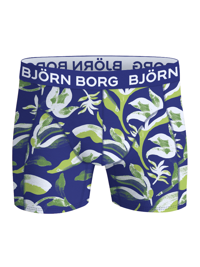 Cotton Stretch Boxers 3-pack kids' boxer briefs featuring a blue, green, and white leaf print and logo waistband. - Image 4