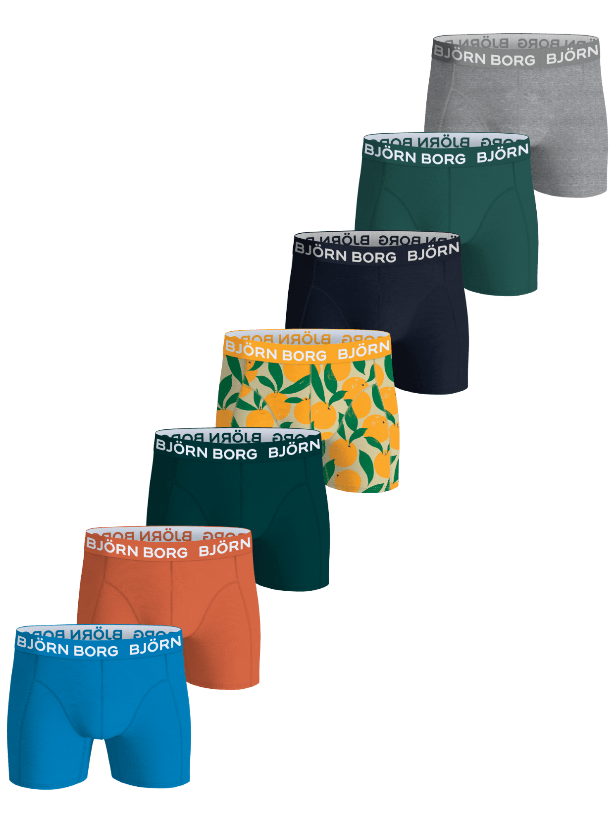 Cotton Stretch Boxers 7-pack for kids in melange, green, navy, orange, and blue with fruit print and white logo waistbands. - Image 1