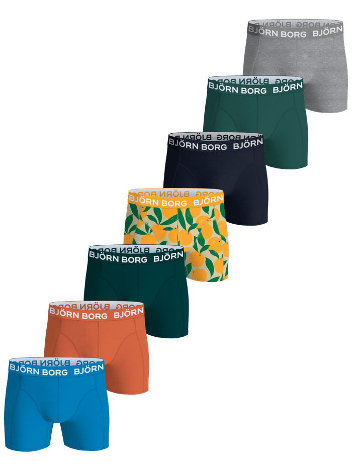 Cotton Stretch Boxers 7-pack for kids in melange, green, navy, orange, and blue with fruit print and white logo waistbands.