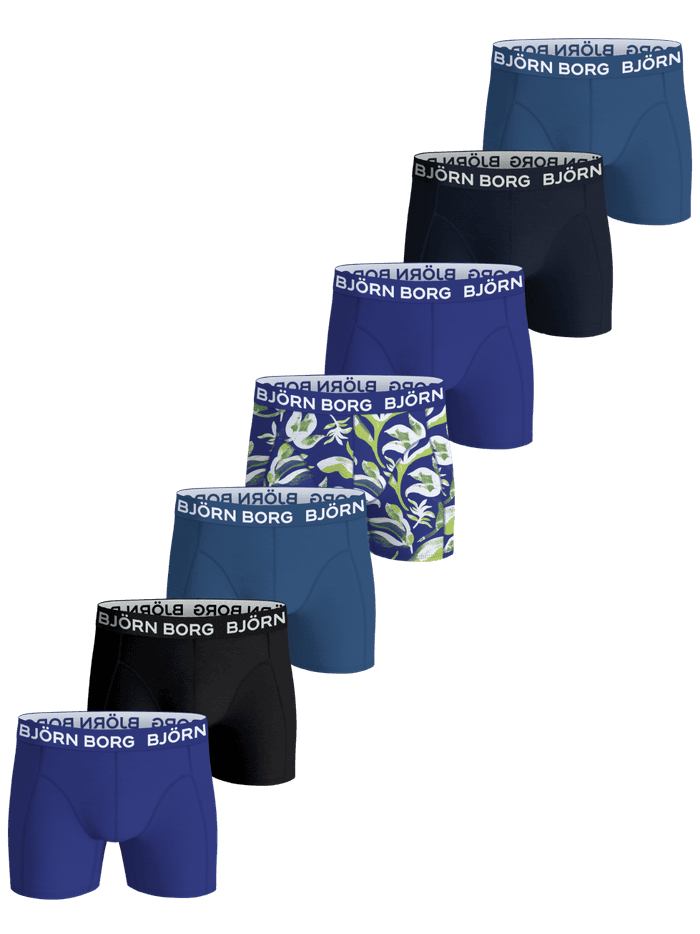 Cotton Stretch Boxers 7-pack for kids in blue, navy blue, black and leaf print boxer briefs with white logo waistbands.