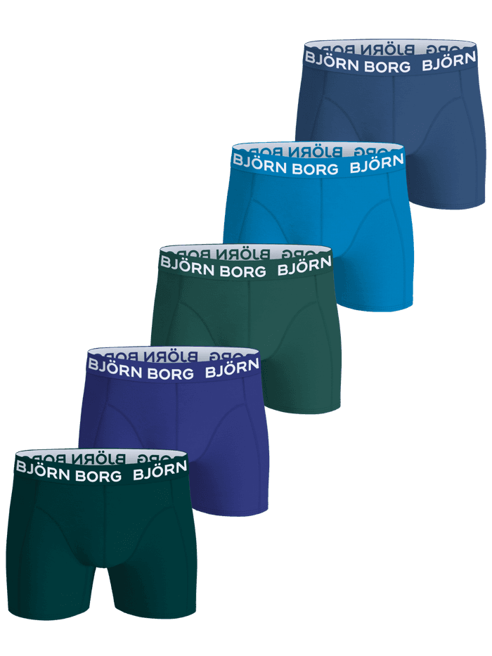 Cotton Stretch Boxers 5-pack boys' boxer briefs in blue and green with a white Björn Borg logo waistband.