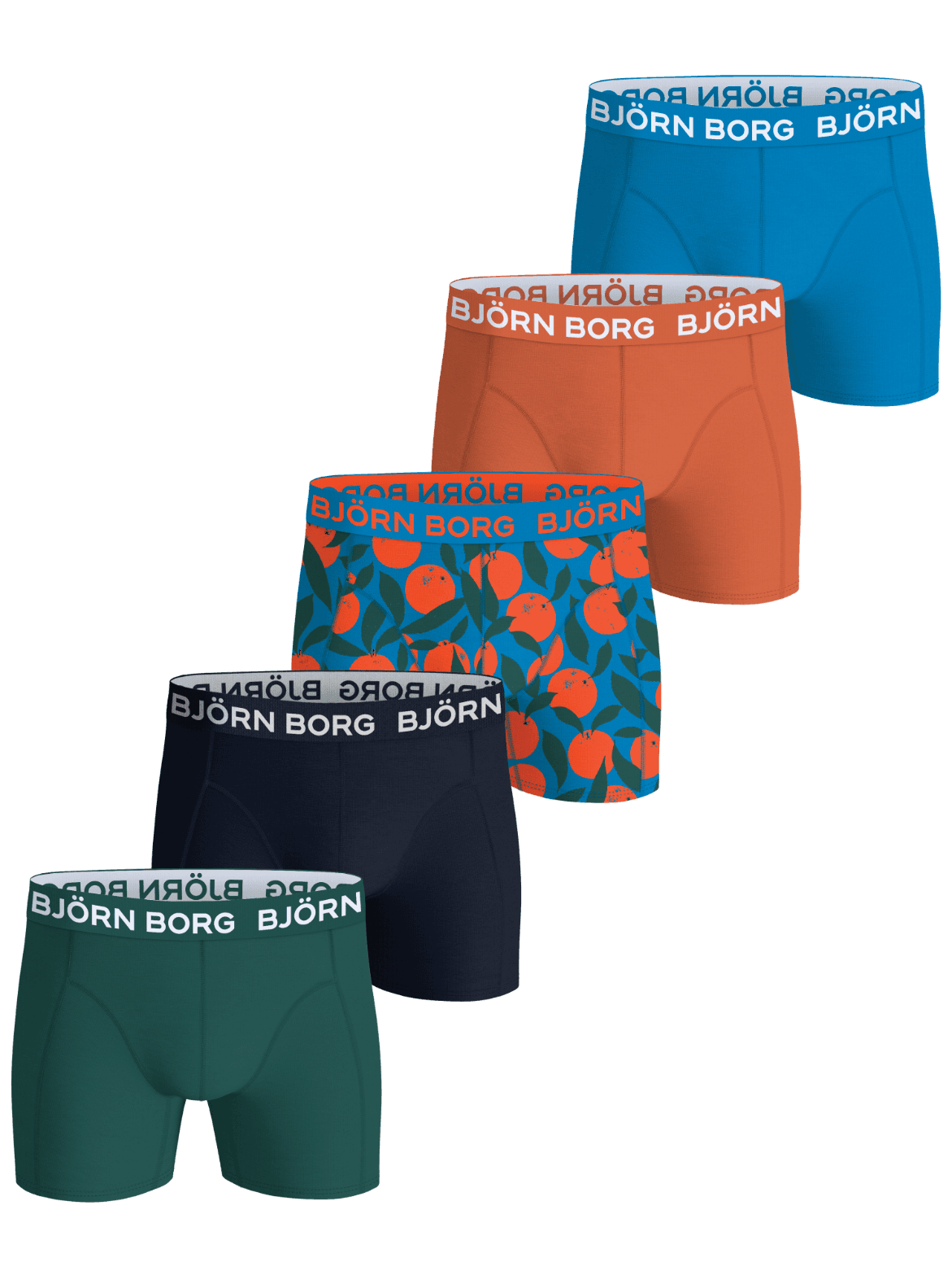 Cotton Stretch Boxers 5-pack for kids in blue, green, navy blue, orange, and fruit print boxer briefs with white logos. - Image 1