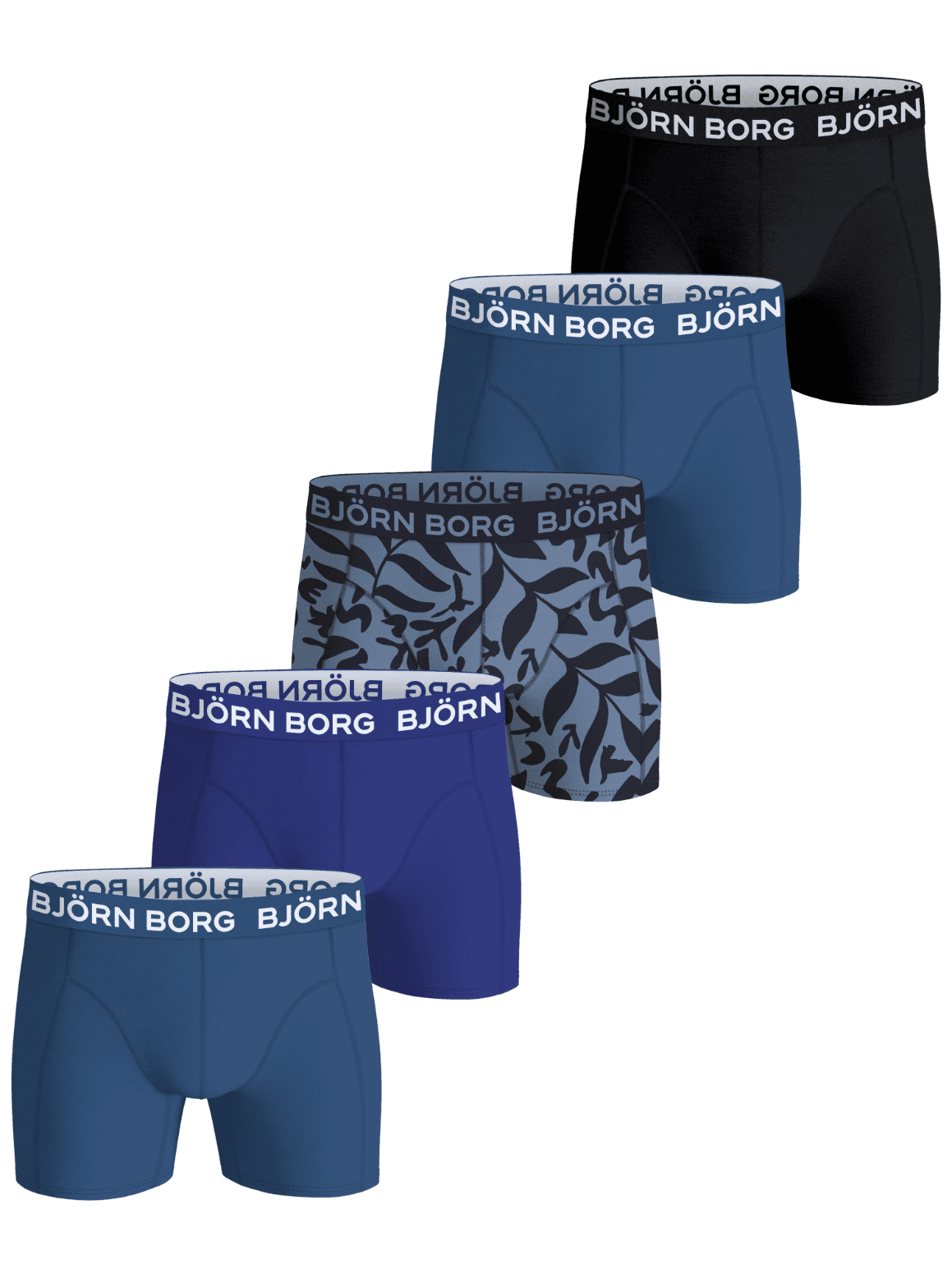 Cotton Stretch Boxers 5-pack for kids featuring black, blue, and leaf print boxer briefs with signature logo waistbands. - Image 1