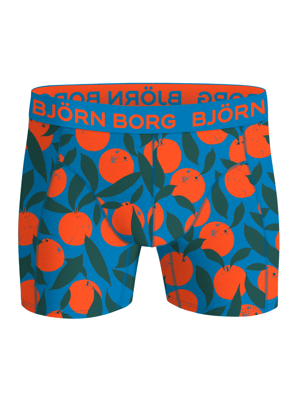 Cotton Stretch Boxers 12-pack boxer briefs featuring a blue and orange fruit print and an orange logo on the waistband. - Image 6