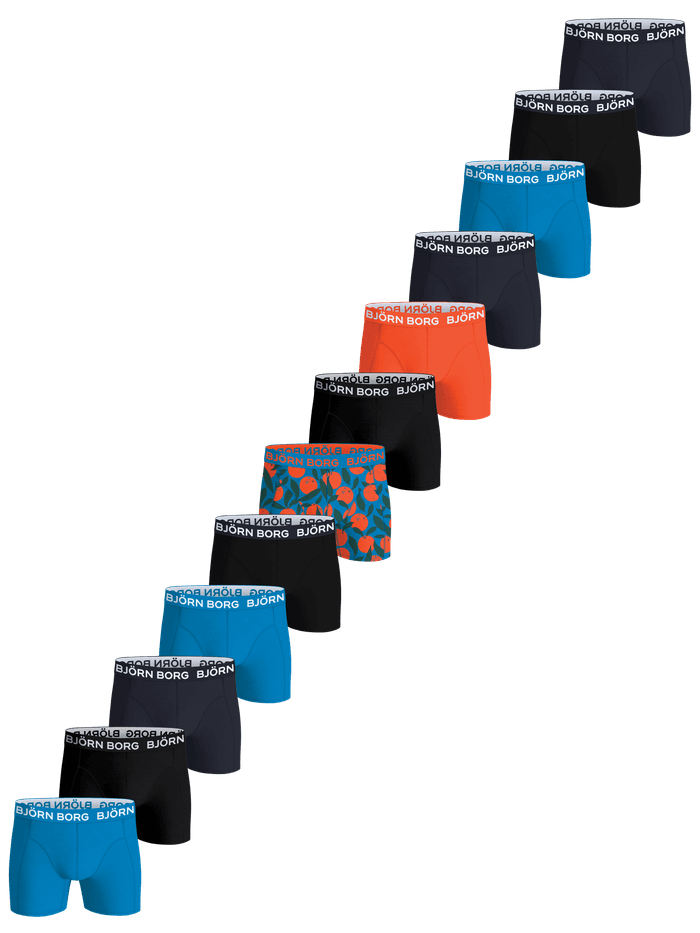 Cotton Stretch Boxers 12-pack en noir, bleu, marine, orange et imprimé agrumes avec ceintures élastiques à logo blanc.