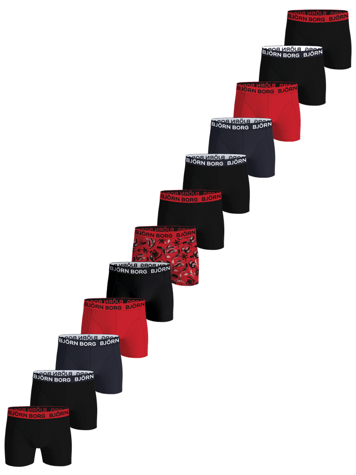 Cotton Stretch Boxers 12-pack of everyday cotton boxer briefs in black, red, navy, and a graphic print.