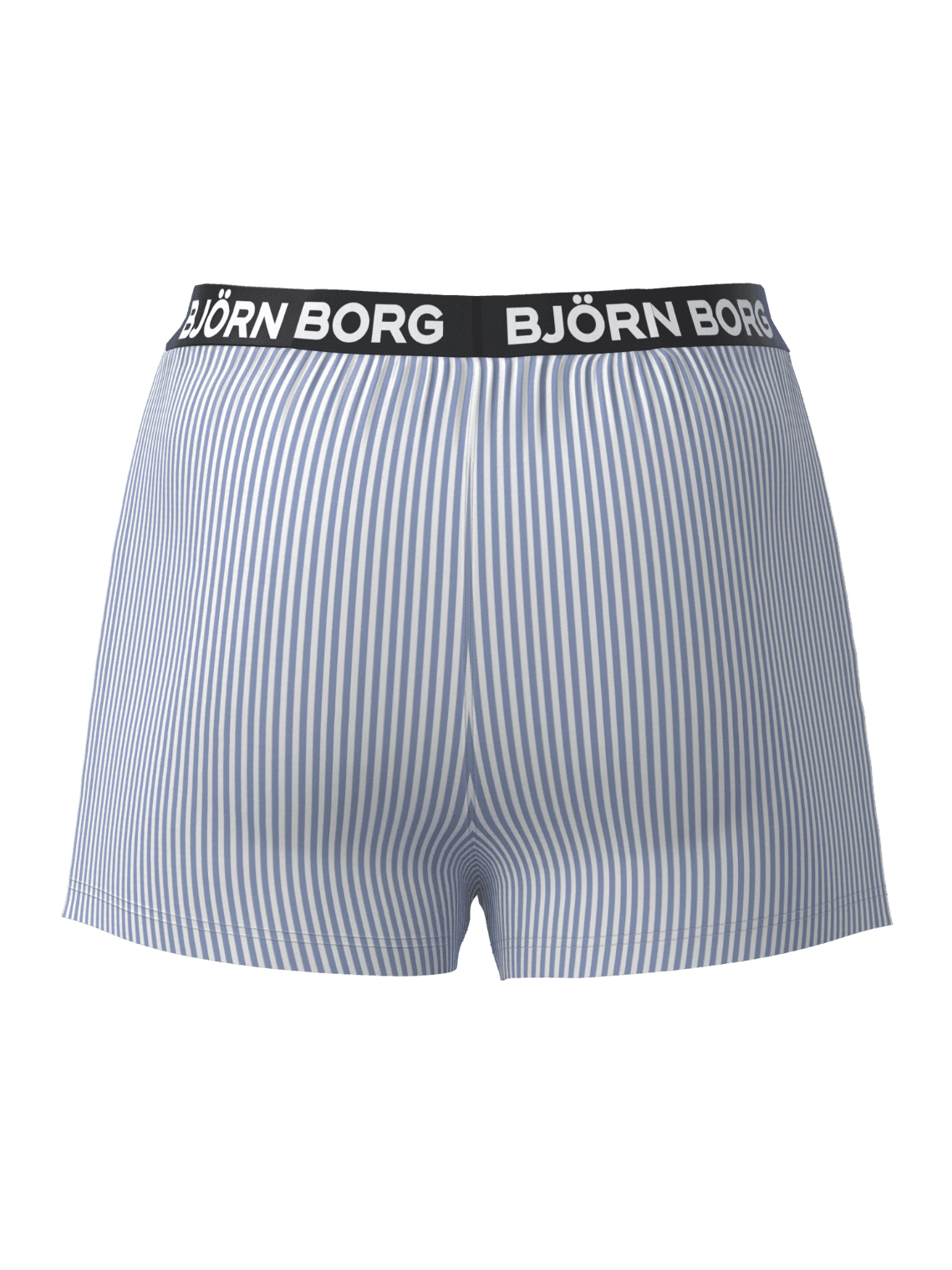 Back view of Cotton Stretch Logo Woven Boxers Shorts 2-pack in blue and white stripes with a white logo on black waistband. - Image 3