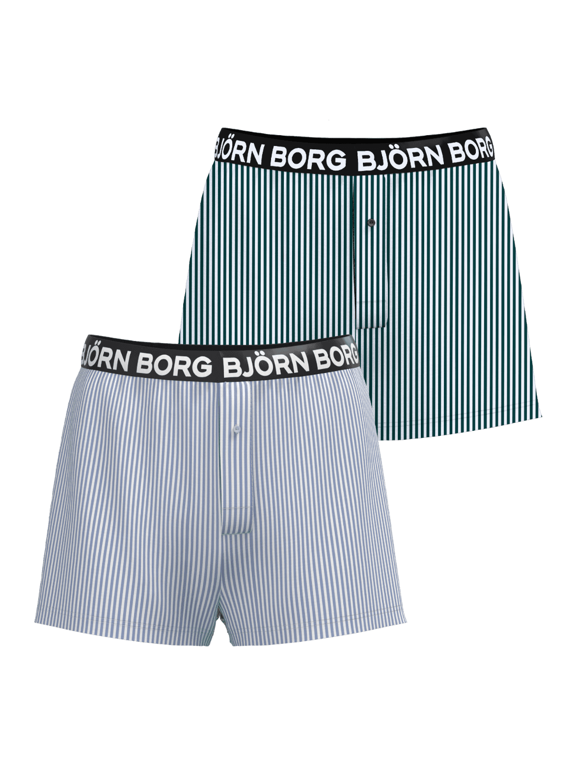 Cotton Stretch Logo Woven Boxers Shorts 2-pack met blauwe en groene strepen, een zwarte tailleband en witte logo's. - Image 1