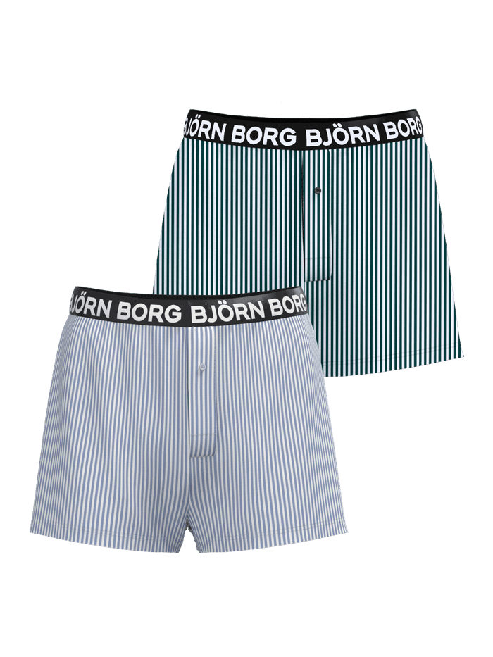 Cotton Stretch Logo Woven Boxers Shorts 2-pack in blue and green stripes with a black waistband and white logos.