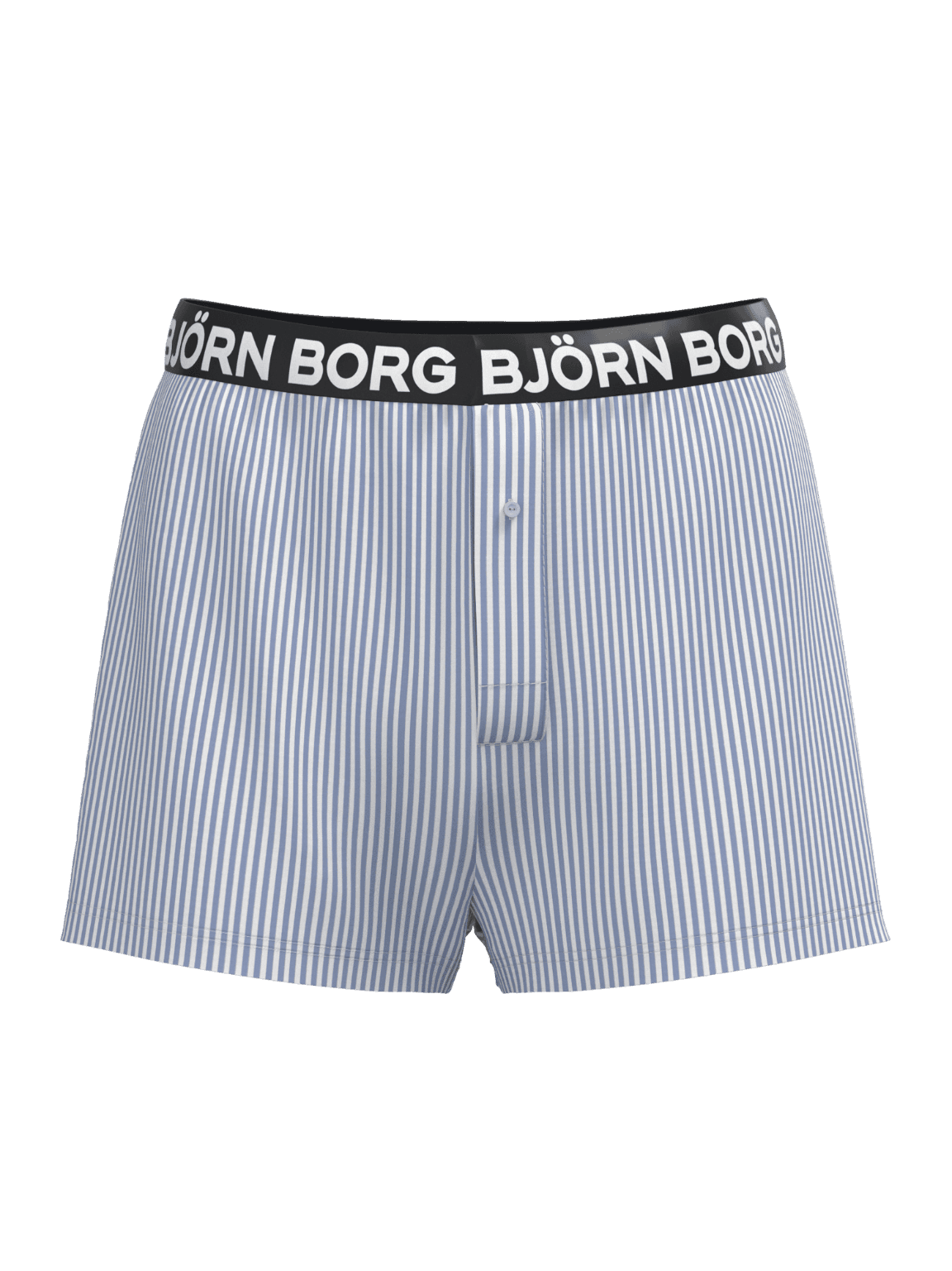 Cotton Stretch Logo Woven Boxers Shorts 2-pack in blue and white stripes with a white logo on a black waistband. - Image 2