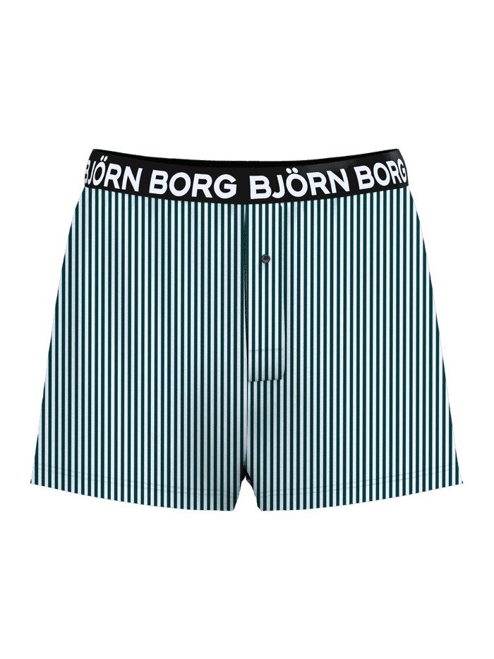 Cotton Stretch Logo Woven Boxers Shorts 2-pack with green and white stripes and a black waistband featuring a white logo. - Image 4