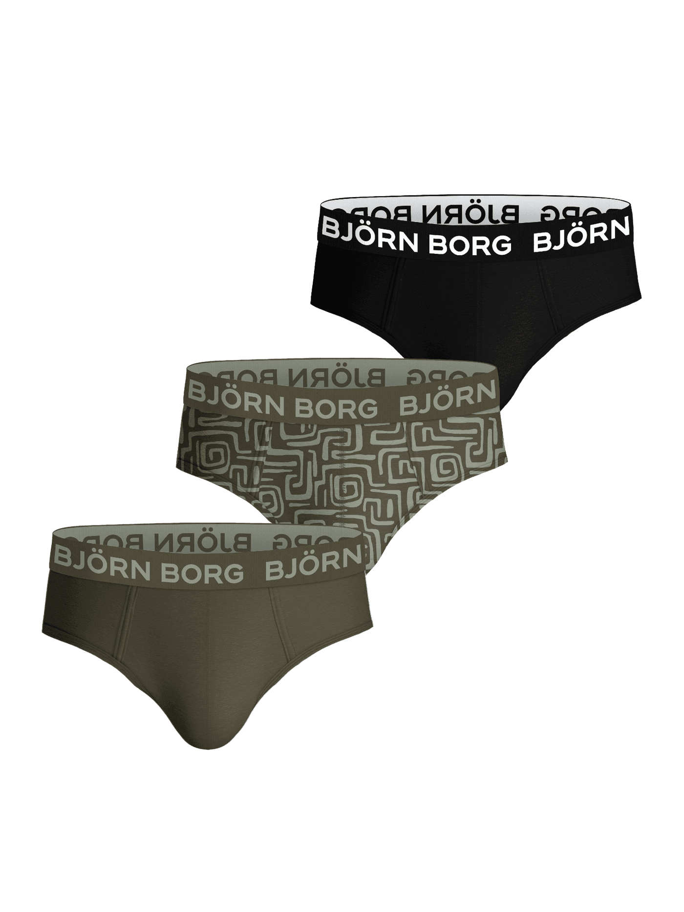 Cotton Stretch Briefs 3-pack i svart, grönt och ett labyrintmönster med Björn Borg-logotyp på midjeresåren. - Image 1