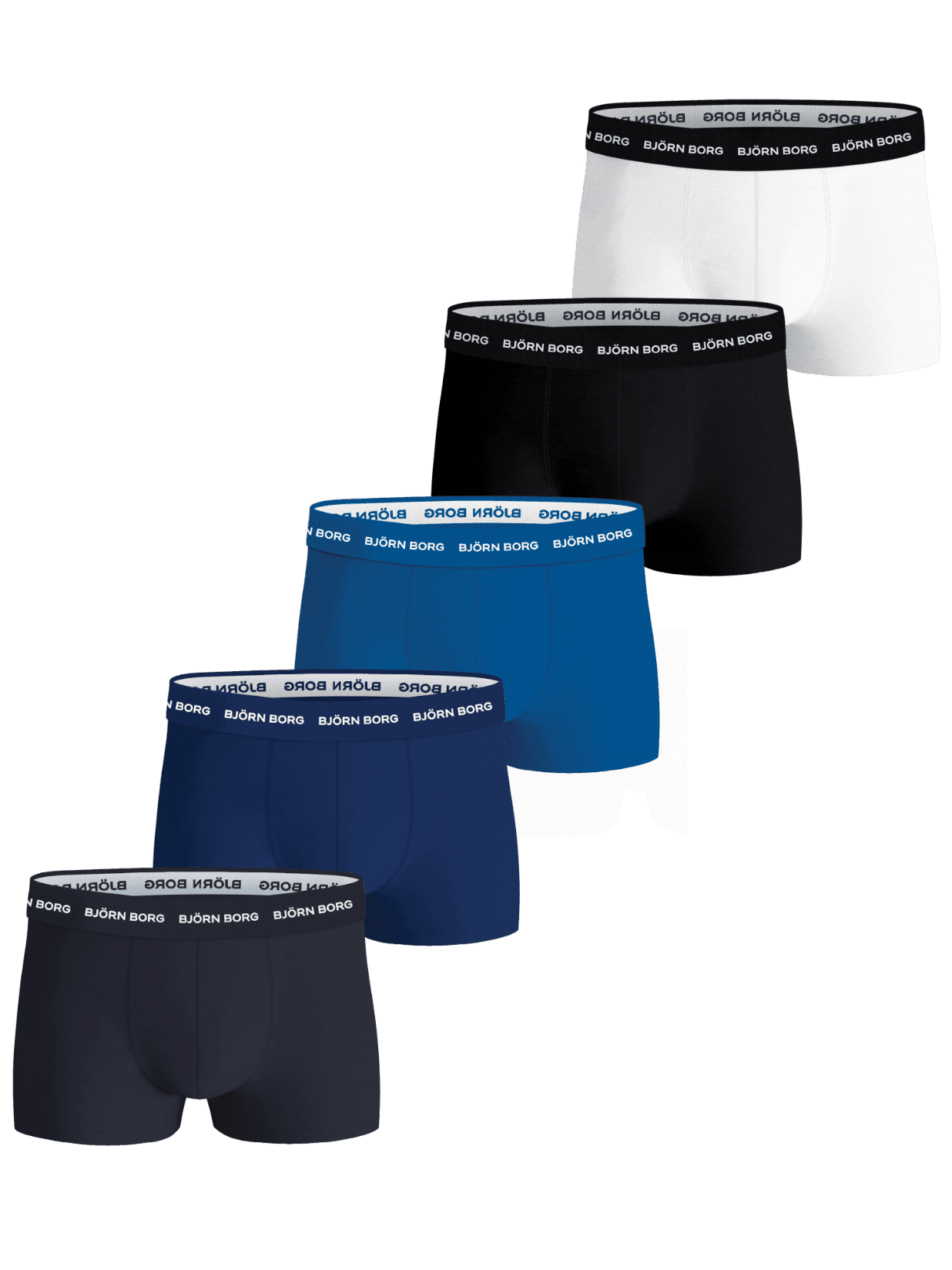 Cotton Stretch Trunks 5-pack in wit, zwart, blauw en marineblauw van zacht stretchkatoen met iconische logotailleband. - Image 1