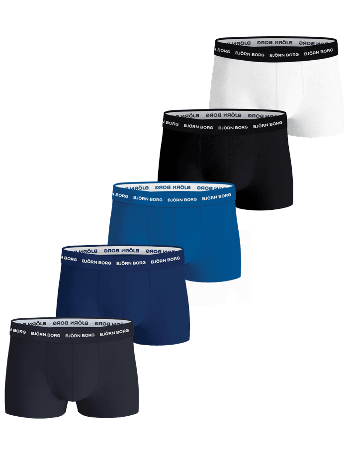 Cotton Stretch Trunks 5-pack in white, black, blue, and navy, featuring soft cotton stretch and iconic logo waistbands.