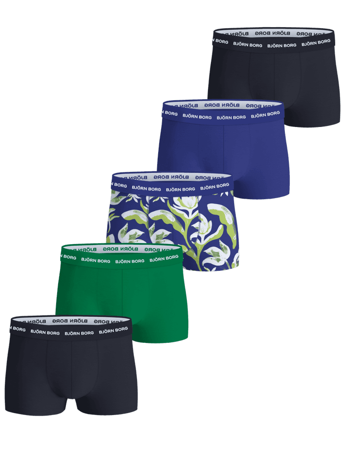 Cotton Stretch Trunks 5-pack featuring navy, green, blue, and floral print designs with iconic logo waistbands.