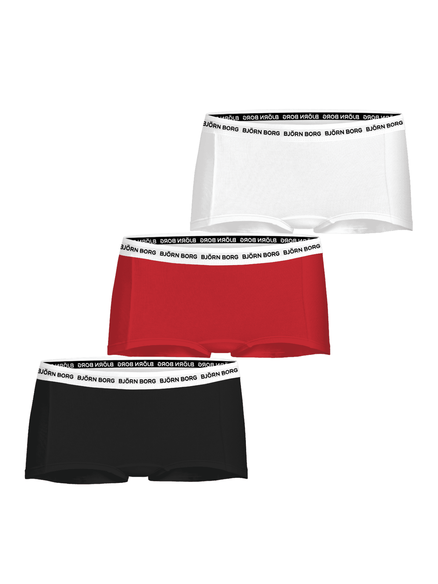 Vista frontal de Cotton Stretch Logo Boxers Shorts 3-pack para niños en blanco, rojo y negro con logo negro en la cinturilla. - Image 1