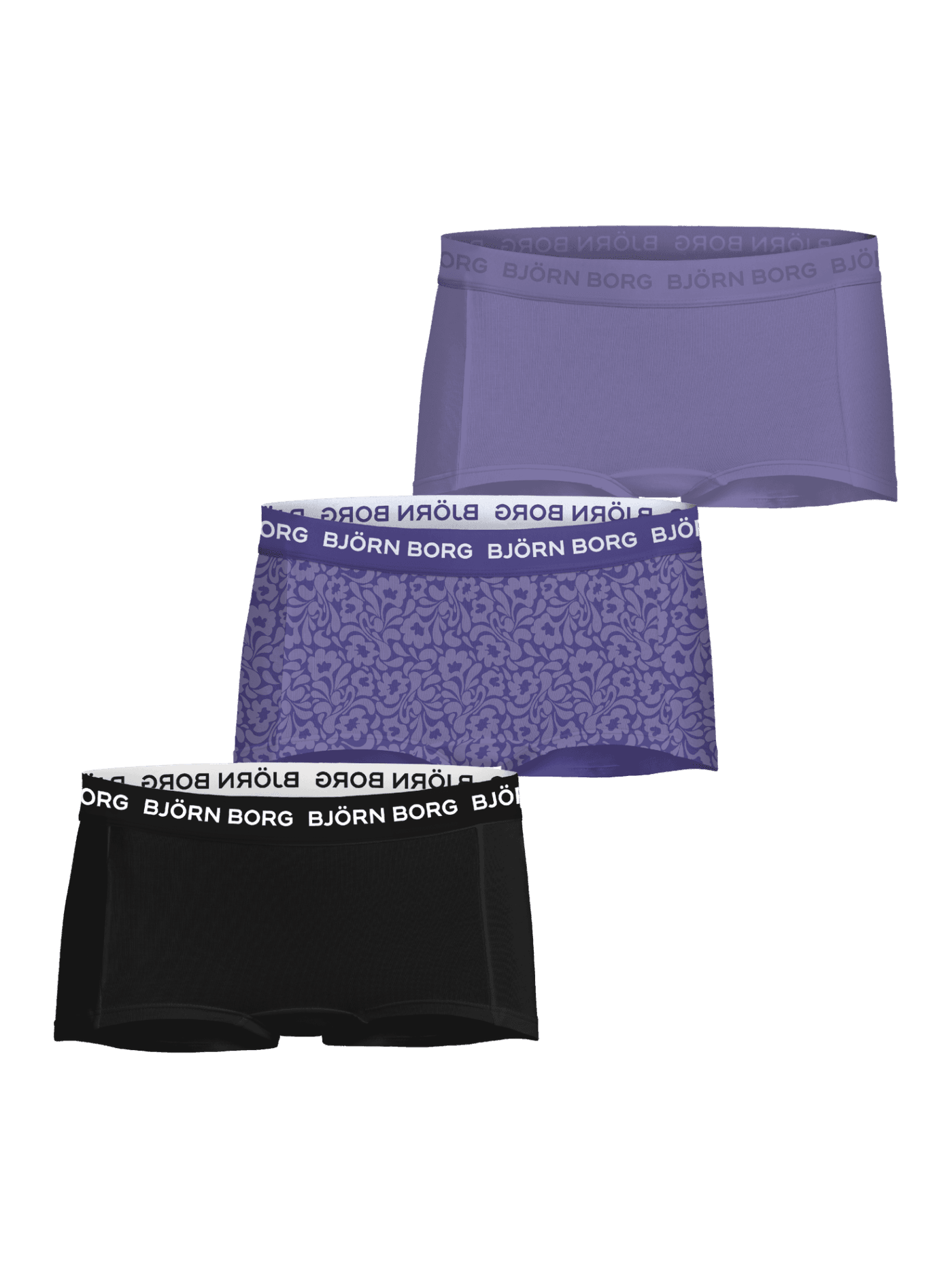 Vue de face du Cotton Stretch Boxers Shorts 3-pack pour kids en violet, noir et imprimé floral avec logo blanc. - Image 1