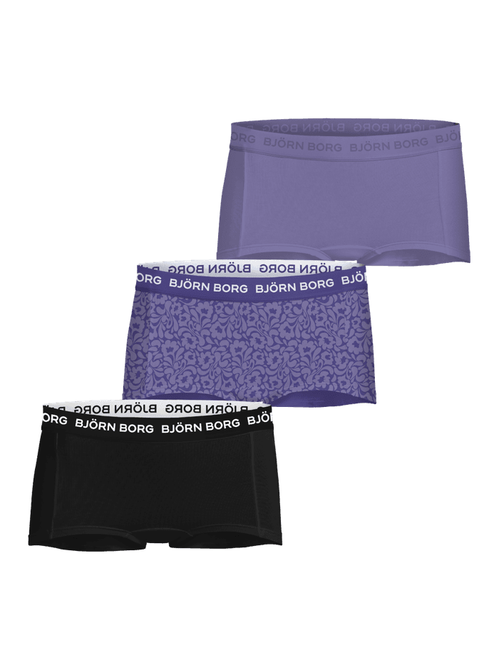 Cotton Stretch Boxers Shorts 3-pack for kids in purple, black, and a floral print with white logo waistbands.