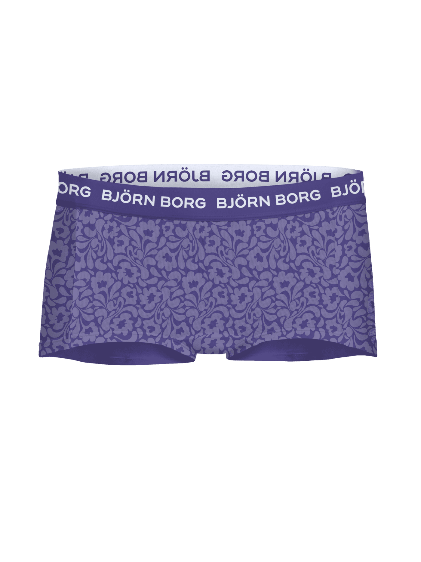 Kids' Cotton Stretch Boxers Shorts 3-pack in a purple floral print with a white Björn Borg logo waistband. - Image 2