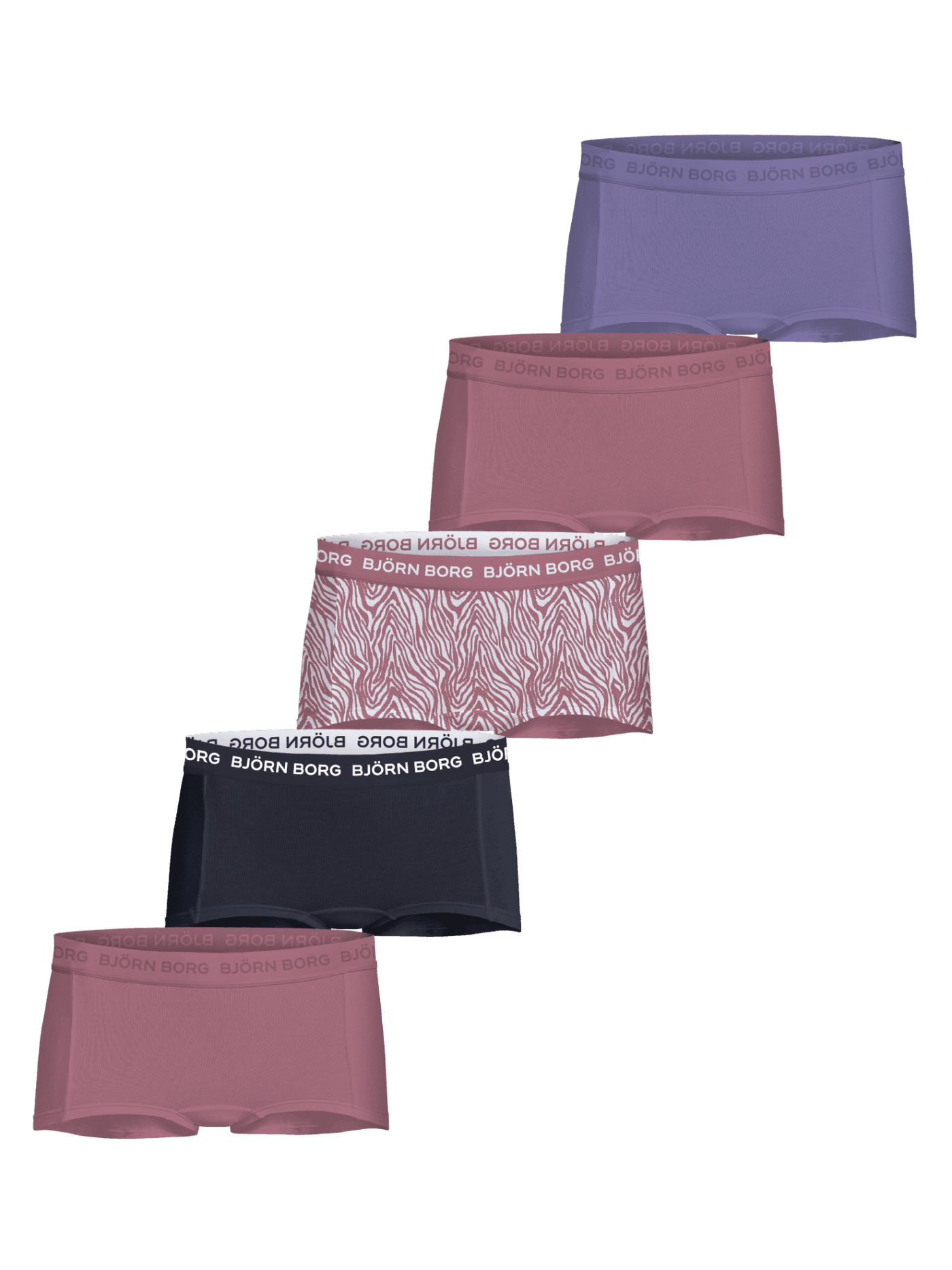 Cotton Stretch Boxers Shorts 5-pack voor kids in paars, roze, marineblauw en zebraprint met witte logo-taillebanden. - Image 1