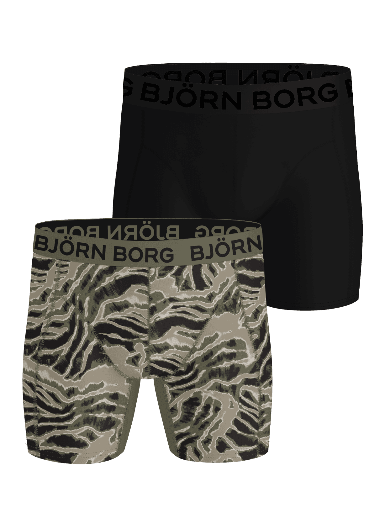 Sports Lightweight Boxers 2-pack para kids en negro y estampado de tigre verde para entrenamiento con logo en la cintura. - Image 1