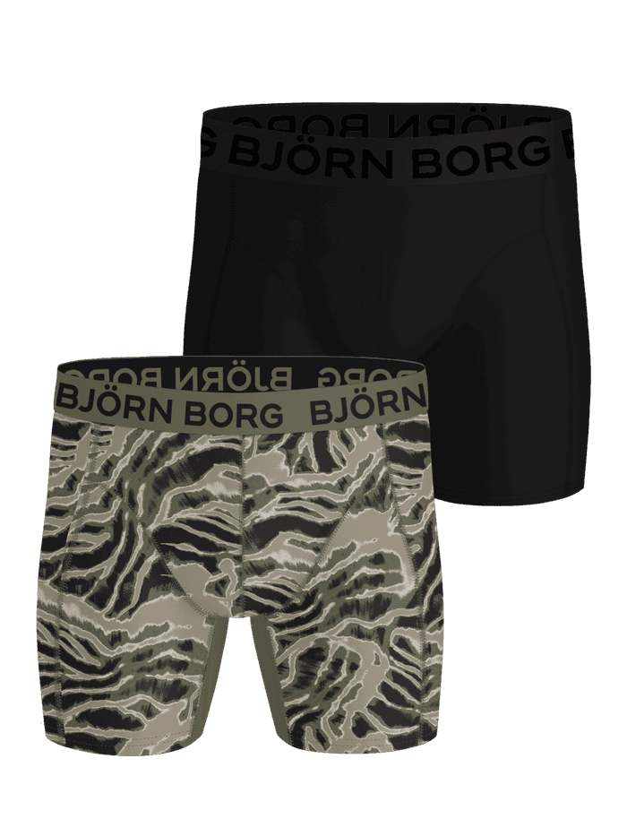 Sports Lightweight Boxers 2-pack für Kids: Boxerbriefs mit grünem Tiger-Print und in Schwarz mit Logo-Bund zum Training.