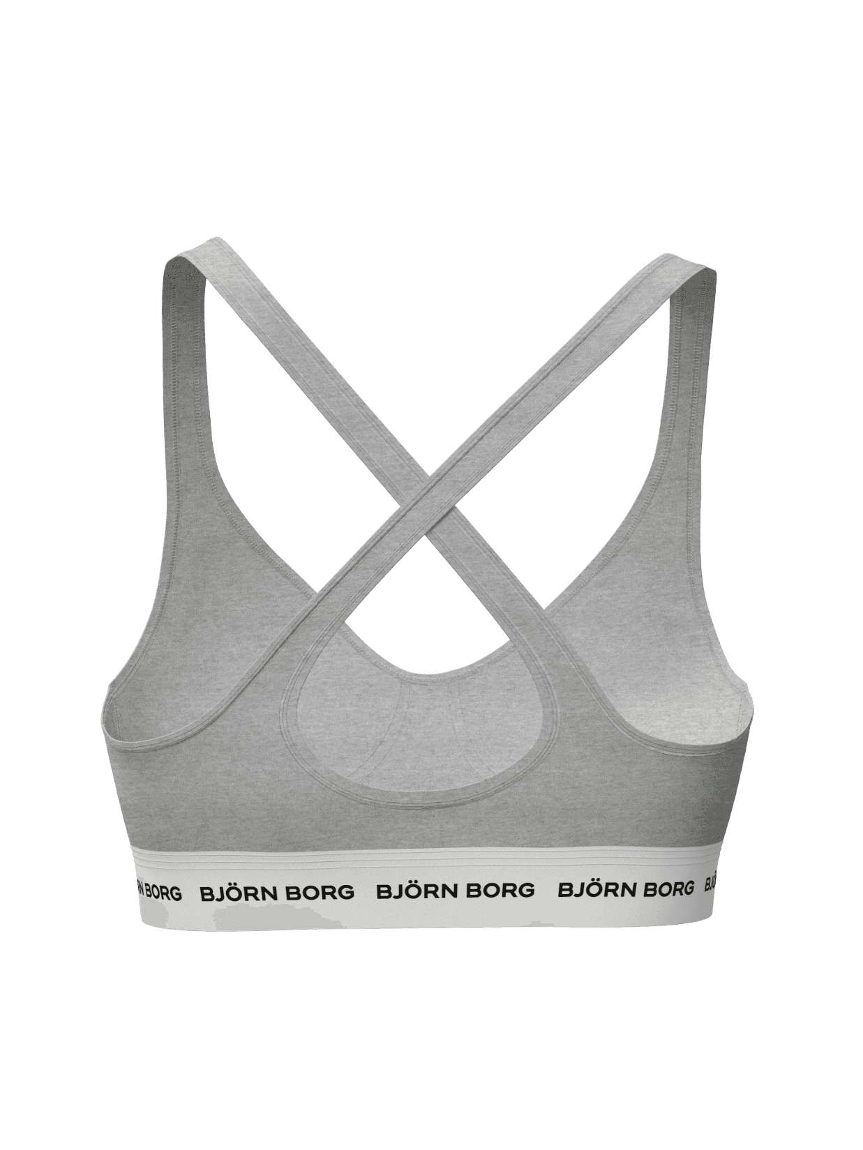 Back view of the Logo Bralette in Light Grey Melange (Grey), showing crossed back straps and elastic logo waistband. - Image 2