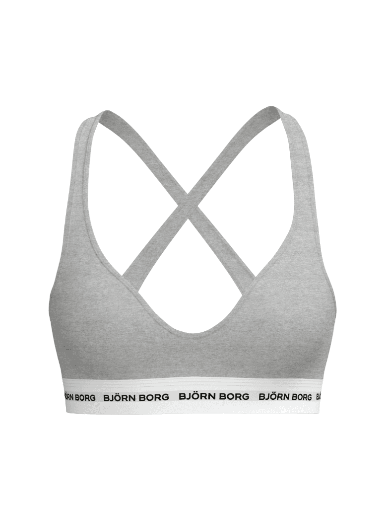 Logo Bralette in Grey featuring a crossed back design and an iconic white logo waistband for everyday comfort. - Image 1