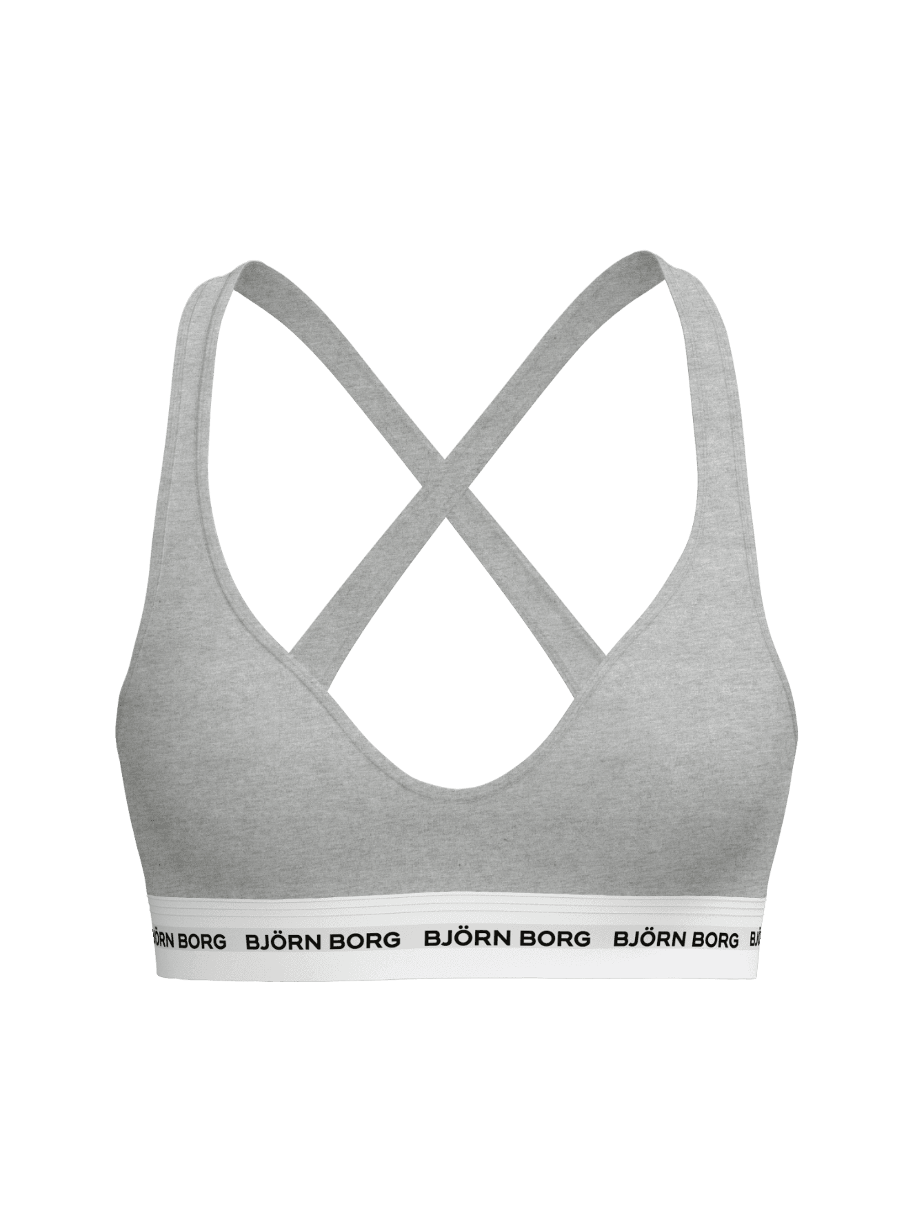 Back view of the Logo Bralette in Light Grey Melange (Grey) featuring a crossed back and white elastic logo waistband. - Image 1