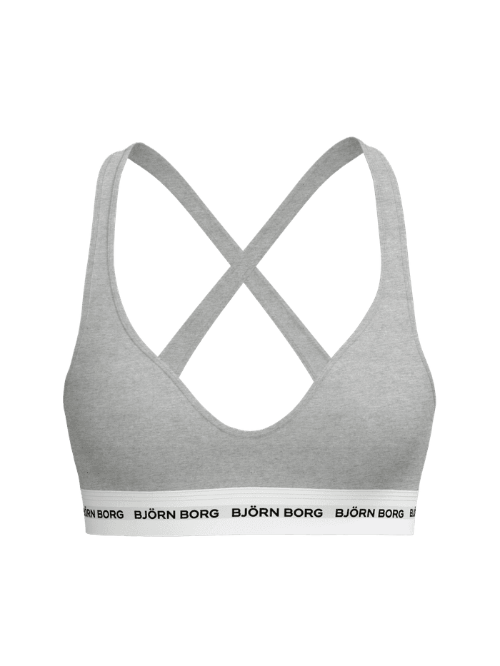 Back view of the Logo Bralette in Light Grey Melange (Grey) featuring a crossed back and white elastic logo waistband.