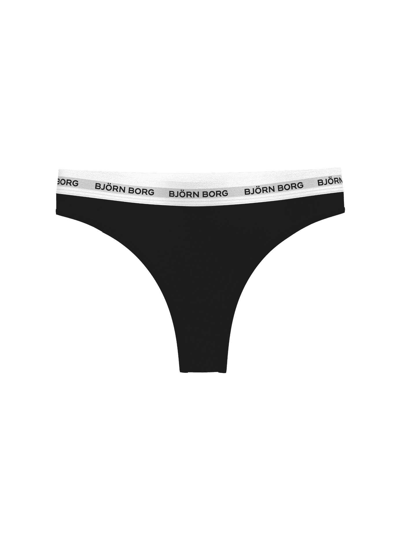 Front view of the Logo Thongs 3-pack in black featuring a white elastic logo waistband. - Image 2