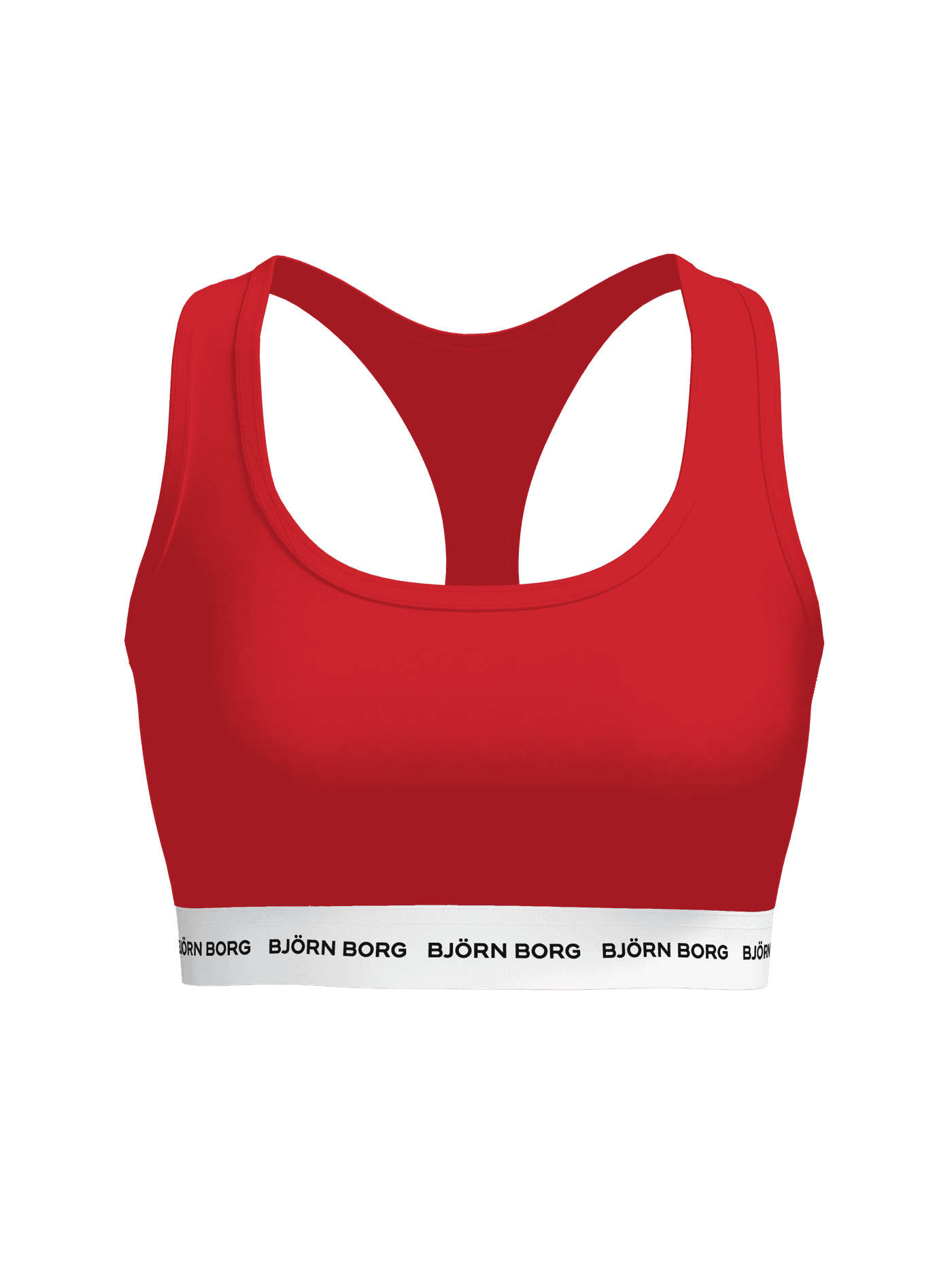 Front view of the Red Björn Borg Logo Soft Top in cotton stretch with a racerback and white underband with a black logo. - Image 2