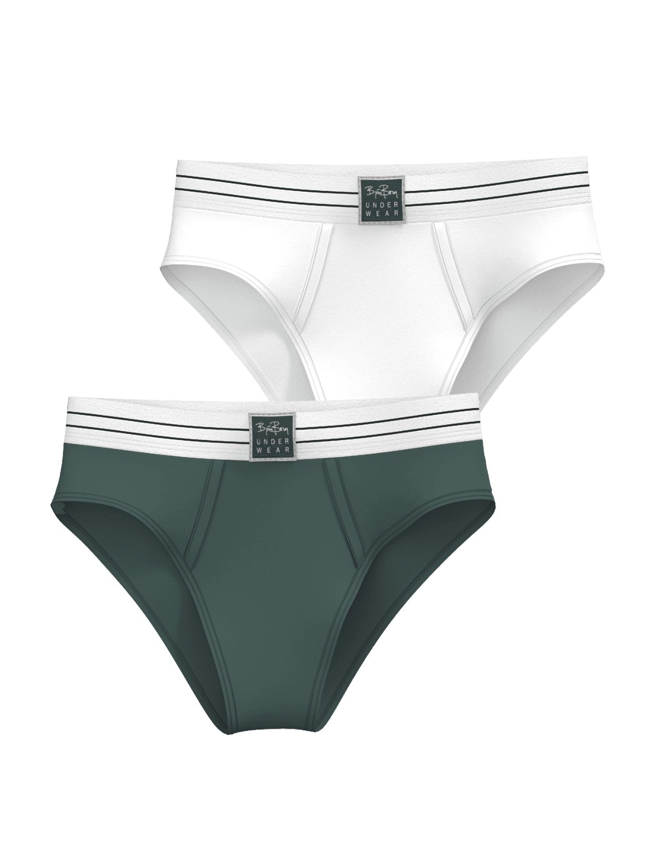 Original Briefs 2-pack in white and green with a high-waisted design, striped waistband, and black logo patches. - Image 1