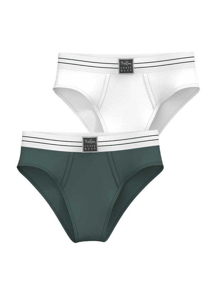 Original Briefs 2-pack in white and green with a high-waisted design, striped waistband, and black logo patches.