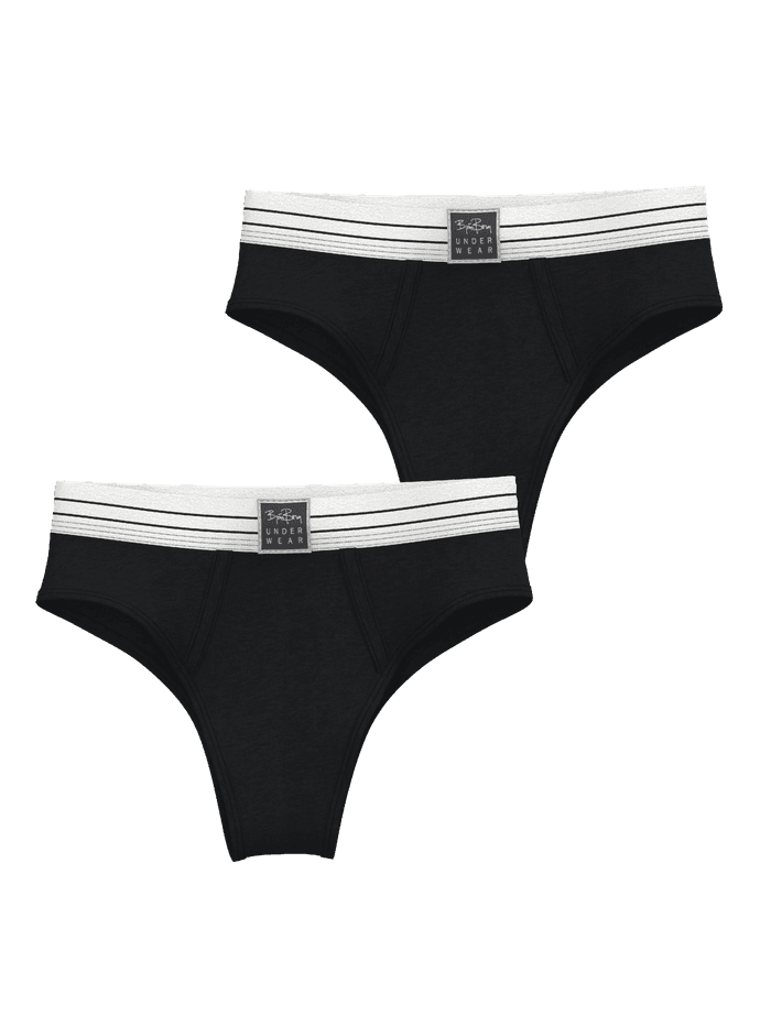 Björn Borg Original Briefs 2-pack in black and white cotton stretch with high-waisted fit and striped elastic waistbands.