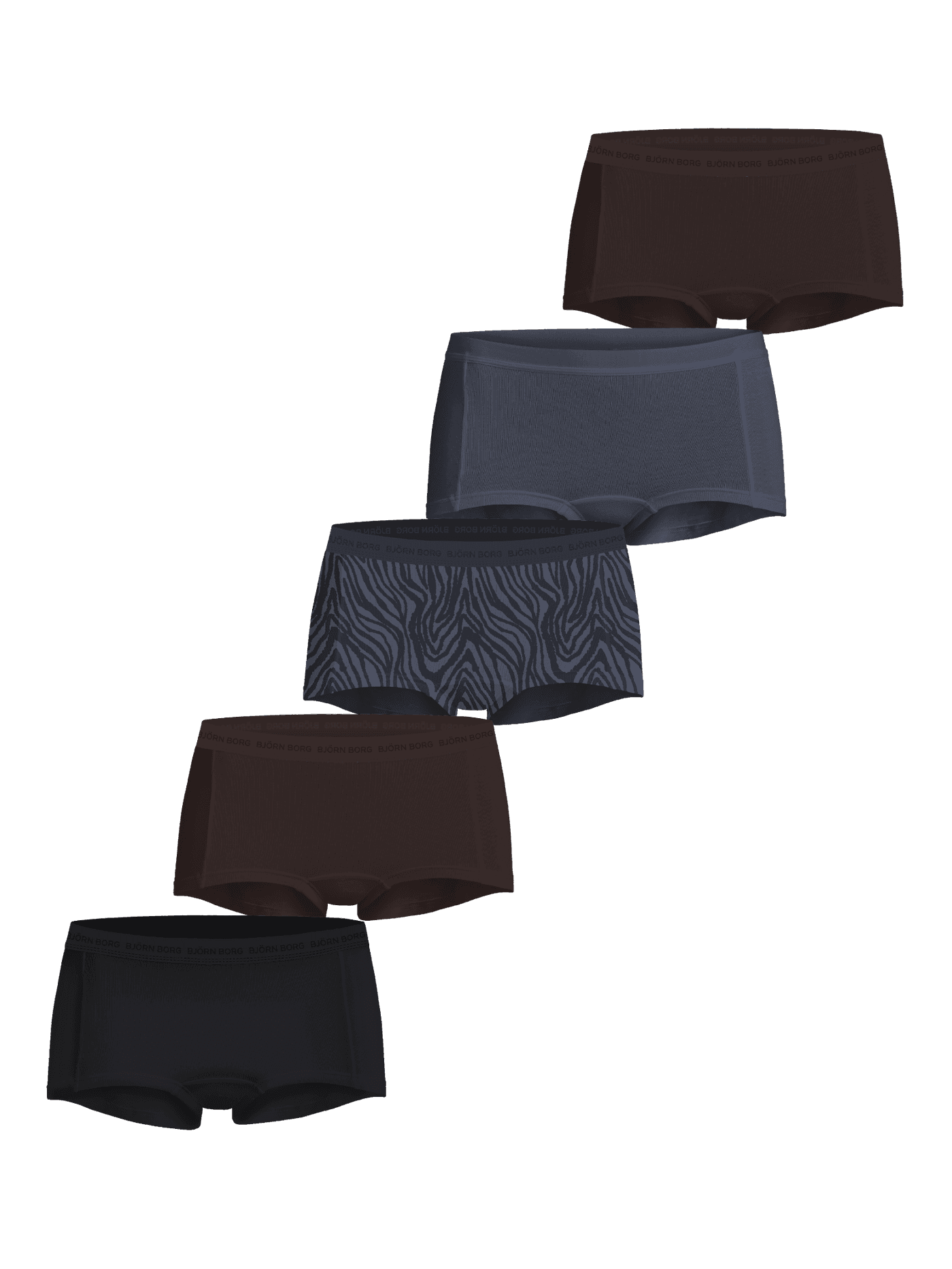 Everyday Cotton Boxers Shorts 5-pack voor dames in zwart, blauw, bruin en zebraprint van katoenstretch met logotailleband. - Image 1