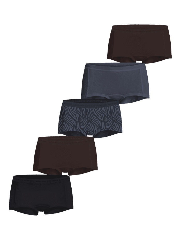 Everyday Cotton Boxers Shorts 5-pack in black, blue, brown and zebra print with a soft cotton stretch and logo waistband.