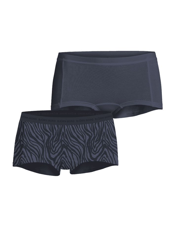 Everyday Cotton Boxers Shorts 2-pack in blue and zebra print with a soft microfiber logo waistband for daily comfort.
