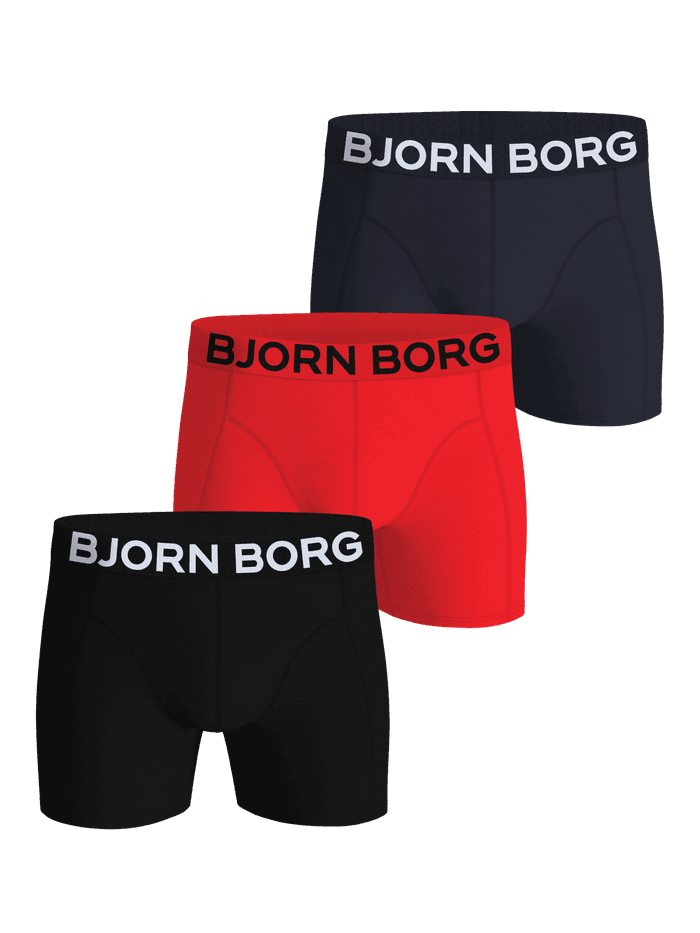 Organic Cotton Stretch Boxers 3-pack featuring Navy Blue, Red, and Black boxer briefs with iconic logo waistbands.
