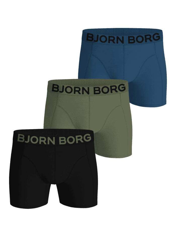 Organic Cotton Stretch Boxers 3-pack featuring black, blue, and green boxer briefs with iconic logo waistbands.