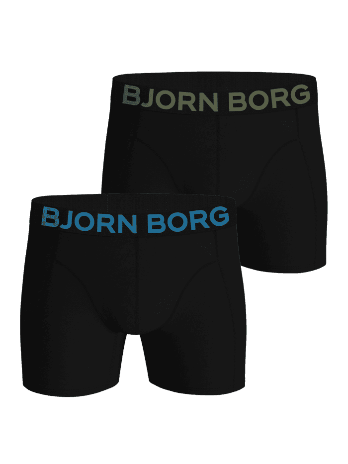 Organic Cotton Stretch Boxers 2-pack in black featuring blue and olive green Björn Borg logos on the waistbands.