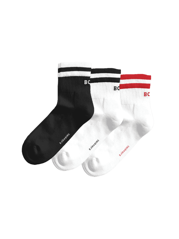 Classic Mid Ankle Socks 3-pack in black, white, and red featuring striped ribbed cuffs and matching Björn Borg logos.