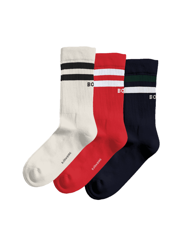Classic Crew Socks 3-pack in white, red, and navy blue with ribbed cuffs, stripes, and black and white logos.