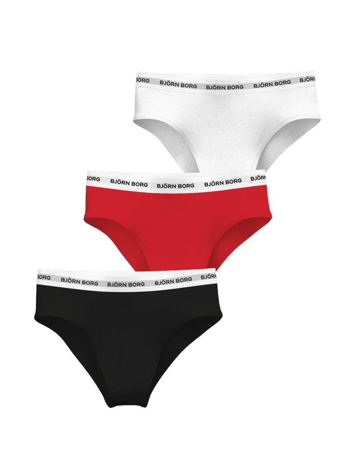 Cotton Stretch Logo Briefs 3-pack for kids in white, red, and black with a white and black logo waistband.