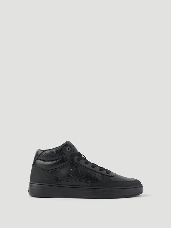 Men's Challenger Mid Sneakers in Black, a synthetic leather mid-top sneaker with a tonal logo designed for tennis.