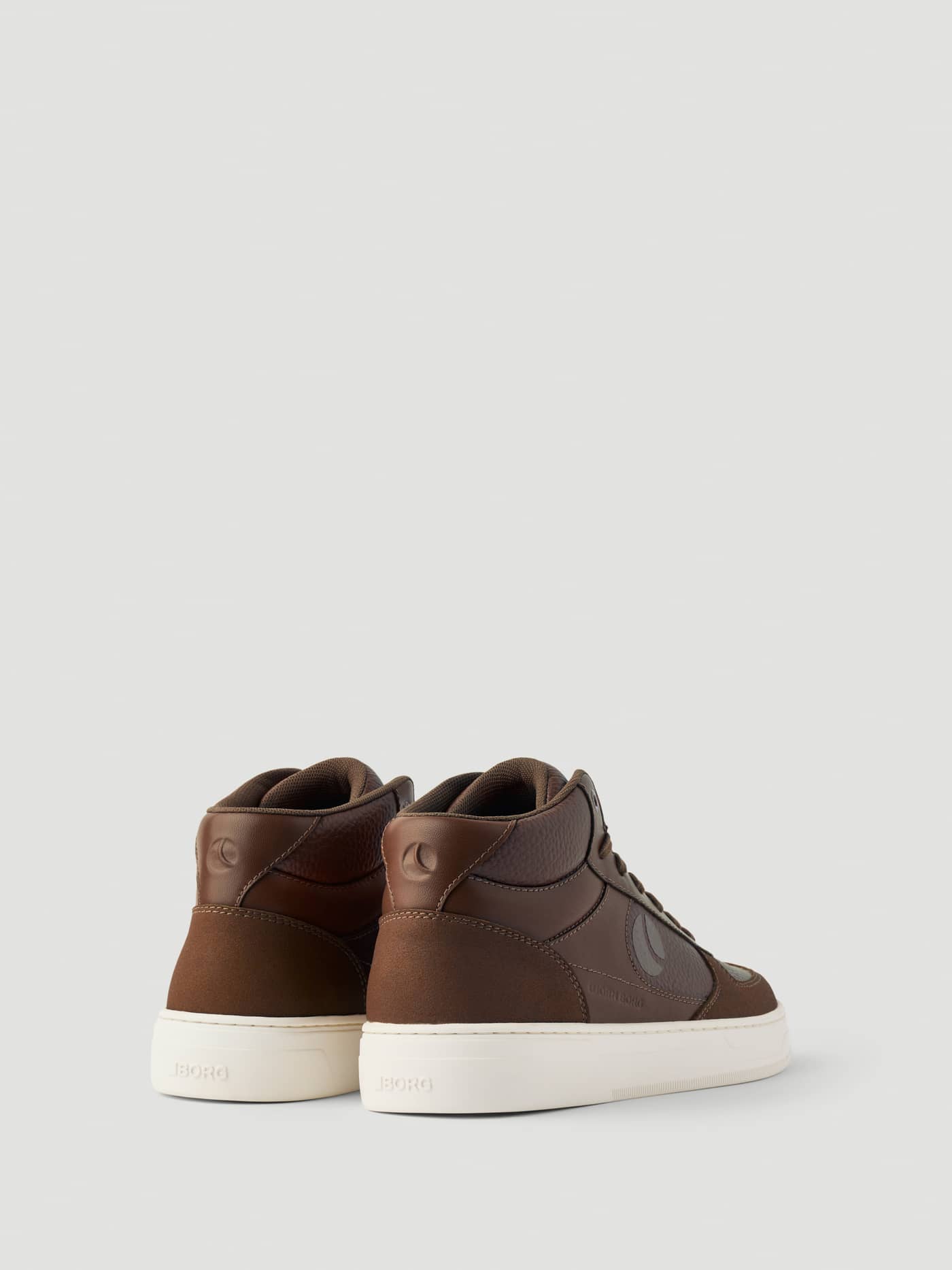 Men's Challenger Mid Sneakers in Brown synthetic leather, shown from a back view with white outsoles and tennis style. - Image 3