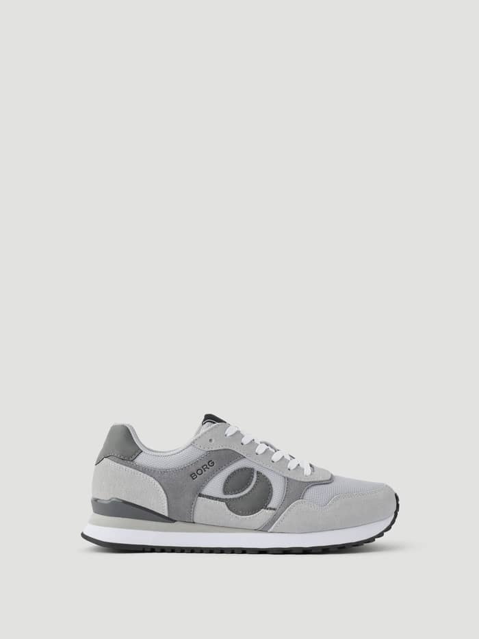 Men's Pulse Sneakers i grå premium-mocka och mesh sedda från sidan med svart BORG-logotyp för löpning.