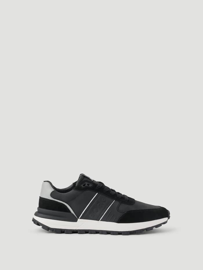 Side profile of the Men's Pace Nu Sneakers in Black, featuring a sleek, technical design ideal for running.