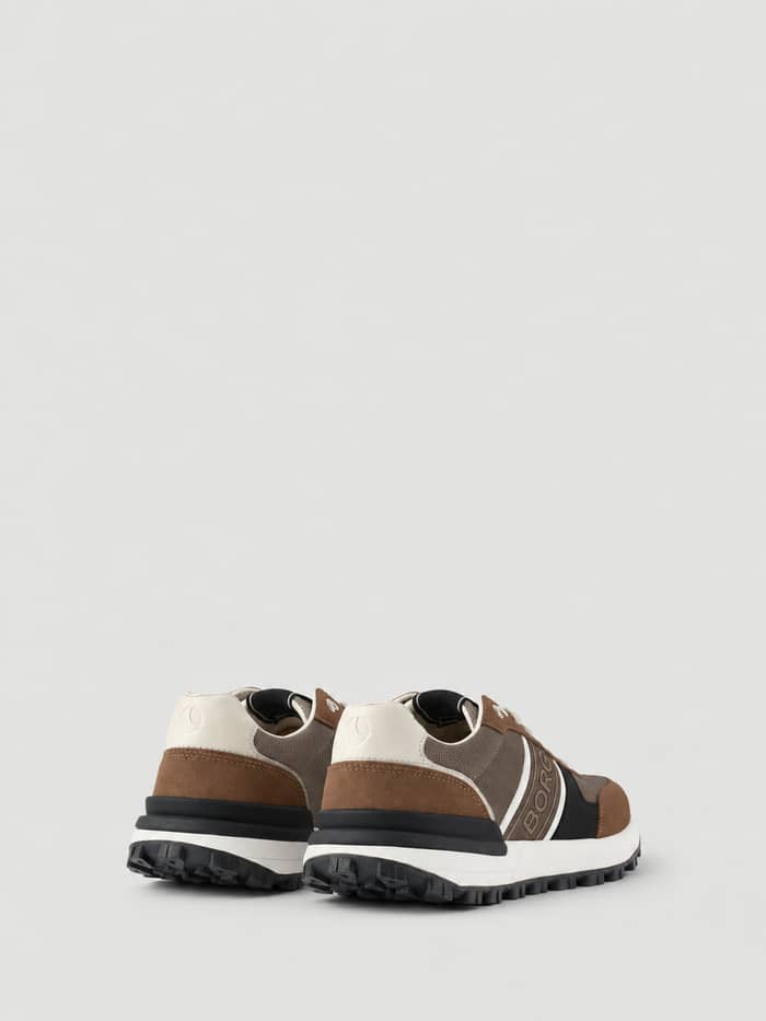 Back view of the Men's Pace Nu Sneakers in cognac and black, showing the running-inspired design and textured heel details. - Image 3
