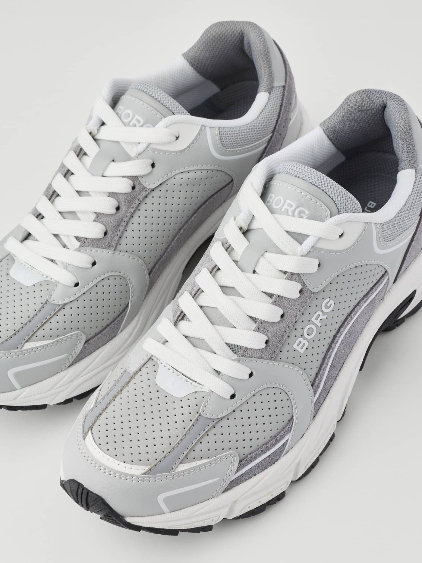 Women's Alley Sneakers in Grey and White feature a running-inspired design with perforated panels and BORG branding. - Image 5